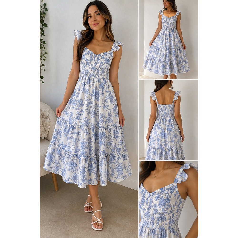 Inspired Heart Blue White Floral Smocked Tiered Midi Dress Ruffle Strap M